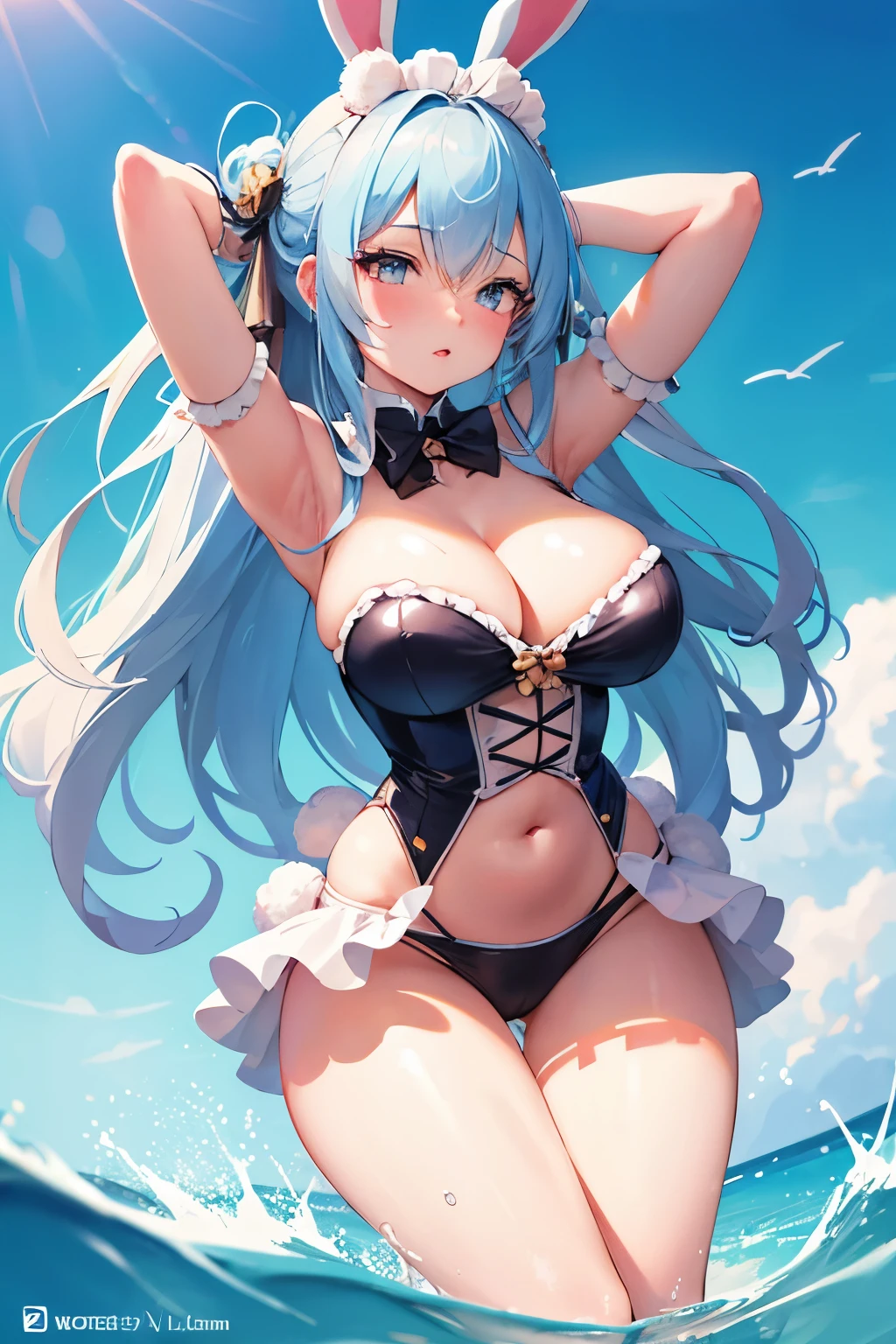 caucasian shiny hair and bunny lady ,plump skin,maid bikini costume, rabbit ears,anime elements,animation touch, detailed skin, beautiful lady stares at me with eyes that melt my heart , great detail eyes textuer,fullbody,cute face, high quality female ,8 life size,perfect anatomy,Smooth hair,detailed skin texture, dynamic pose, full HD, 4k,HDR, perfect anatomy, depth of field,