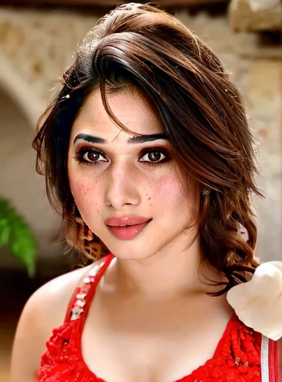 a closeup portrait of a Tamanna, undercut hair, apron, amazing body, pronounced feminine feature, busty, beacg bikini, [ash blonde | ginger | pink hair], freckles, flirting with camera,  