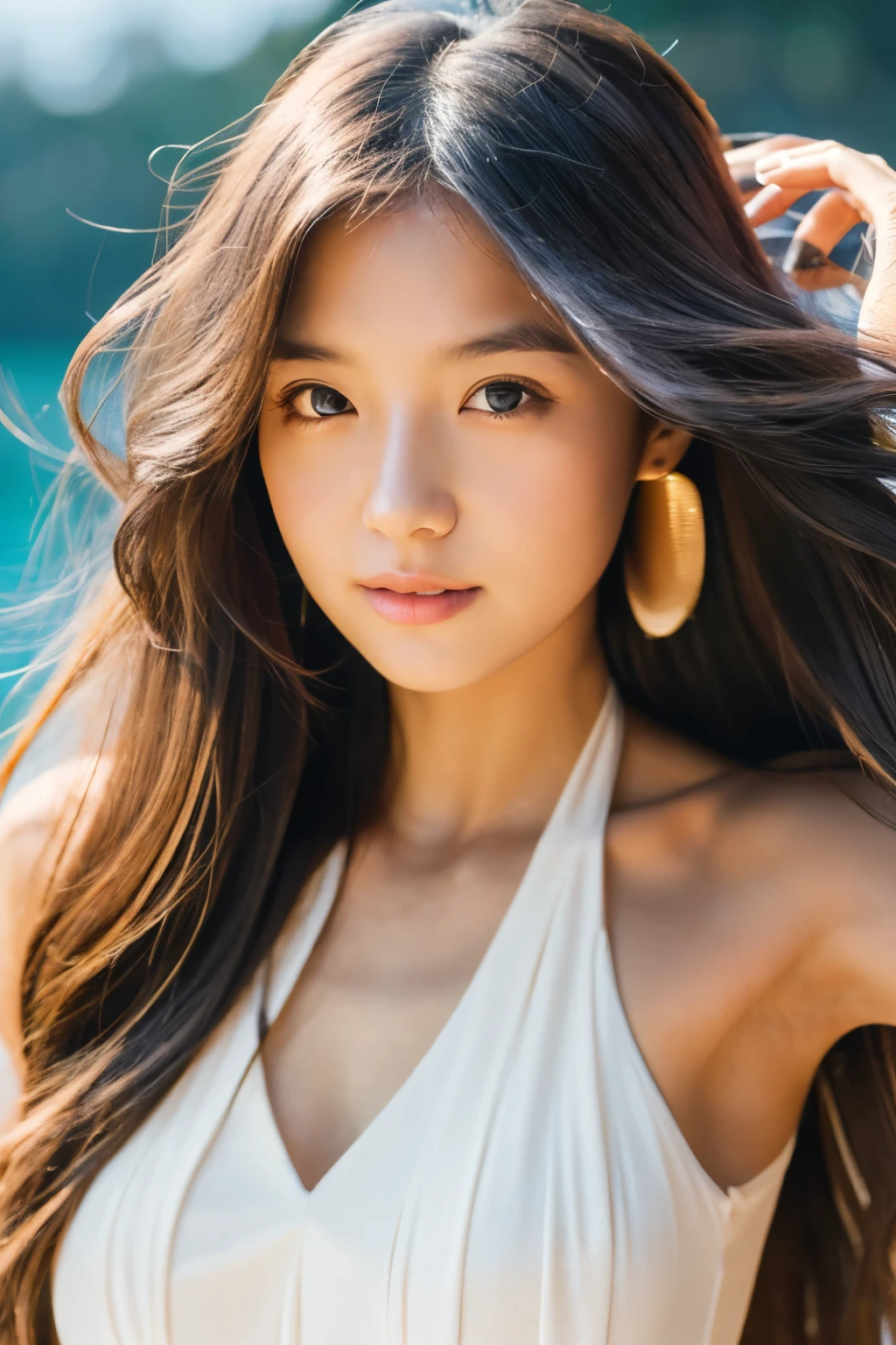 long hair girl,head portrait,halter neck sundress
