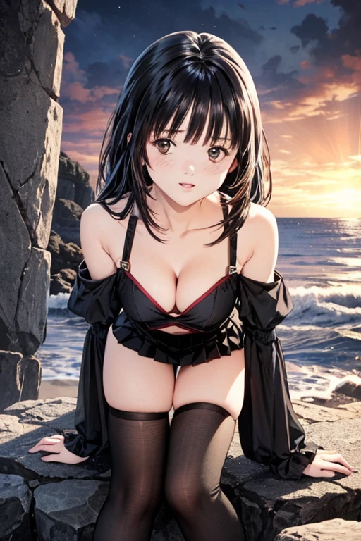 (8K、top-quality、masterpiece:1.2)、(realisitic、ultra-detailliert、超A high resolution、1 girl,beautifull detailed face,perfect body,((long black hair)),((daytime)),Constriction、(Slim waist) :1.3)、Beautiful detailed skin、Skin Texture、Floating hair、Professional Lighting)(off-shoulder sleeves,cleavage cut out,shirts,mini skirt,thighs),(full body:1.0),long shot,sunset,coast,full face blush,leaning forward,wearing random color