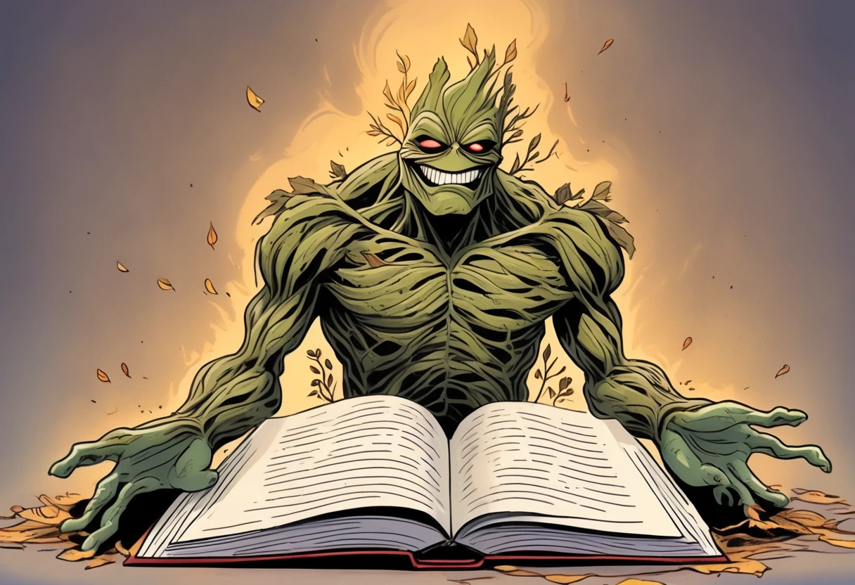 golden leaf bookmark, leatherbound book, open to a splash page full page, bookmark in between the pages with an intricate ornate golden leaf print on the bookmark, (within the pages of the book, wordless, single image illustration that has the most unhinged ridiculous cartoonish excessive contorted skewen hilarity postmeme expressions, visually hilarious, cohesive, intense meme that conveys overwhelming joy. A cel animation, distorted contorted proportions of rotoscoped duo (John Kricfalusi hand drawn swamp thing character art style) and (Joelle Jones hand drawn Groot (tree) character art style) both with threatening aura disgustingly cool, too cool, vile boogie dancing that is so spooky, skewed, misshapen, and intense it enters into the realm of meme worthy hilarity, wide large smile, spontaneity, and even sillier, a real visual treat of cartoonish excess,