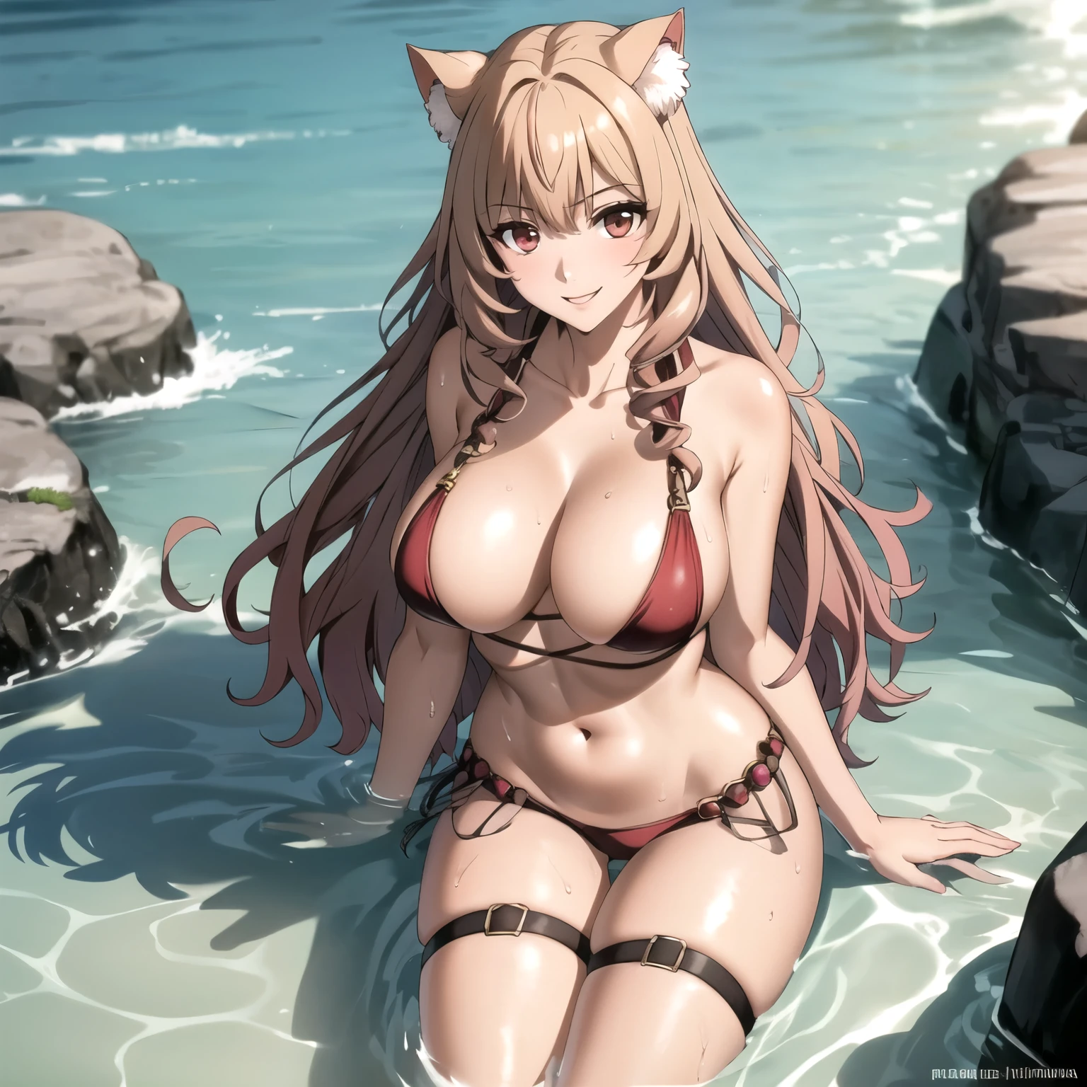 Raphtalia woman 24 years old straight golden blonde hair, orejas de oso, red eyes like rubies, piel bronceada, piel morena, piel oscura, piel oscura. pechos grandes desnudos, desnuda, is bathing in the sea, buceando. cuerpo mojado. sonrisa alegre. rubor. piel bronceada. orejas de gato. sonrisa lasciva.