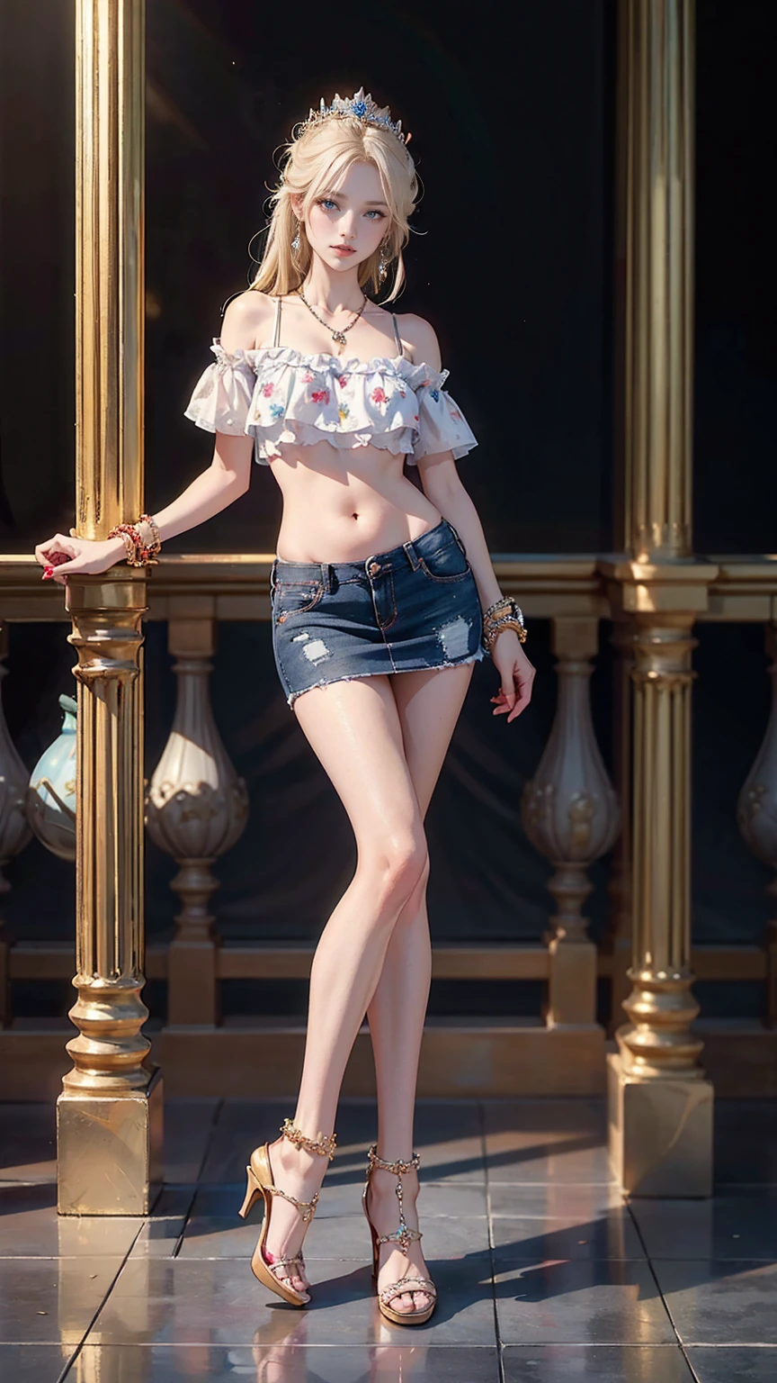 ((最high quality, 8K, masterpiece: 1.3, Ultra HD, high quality, 最high quality, High resolution, realism)) 、25 year old white woman、platinum blonde、blue eyes、long hair、hair above one eye、smile、slender、slenderだがアスリートのような細マッチョな身体、I don&#39;t want my head to disappear from the screen.、手首にアクセサリーapply、Wearing red nail polish、I have a peticure、anklet((anklet))apply、Wear printed tops that show your lower breasty abs are cracked、I can see the belly button、I&#39;m wearing a low-rise miniskirt、wear socks、Wear stiletto heels、Disney randにいる、Cinderella Castle Back