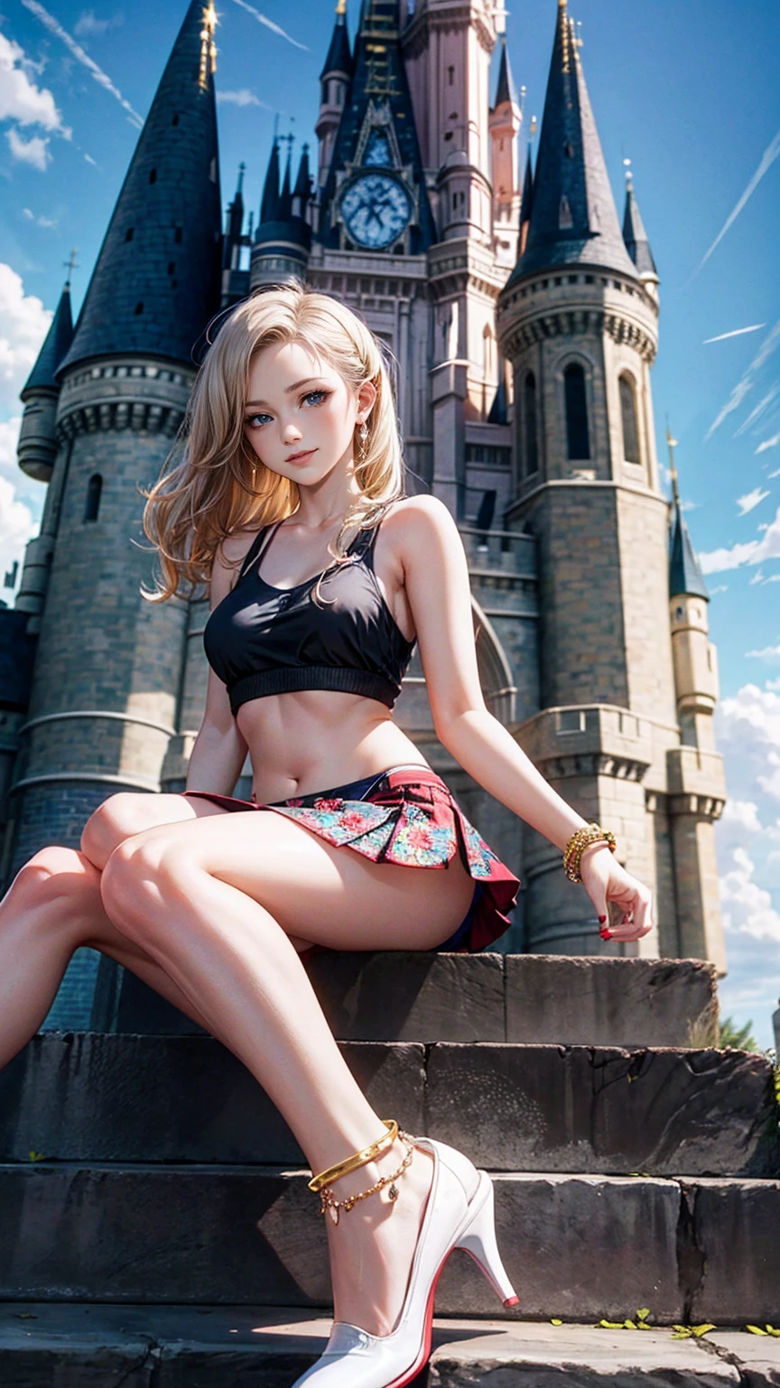 Beautiful 13 year old German girl, entire body in frame, Blue or green eyes, blonde, developer, Mini Dress, sitting, open legs, tight panties, camel toes, Realistic colors, sunrise