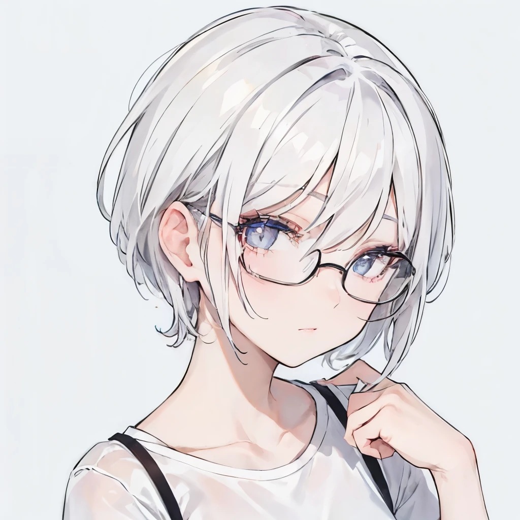 Girly girl, round glasses, white shirt, face close-up, white hair, light white eyes, pure, short hair, (hair over one eye), smart, pencil