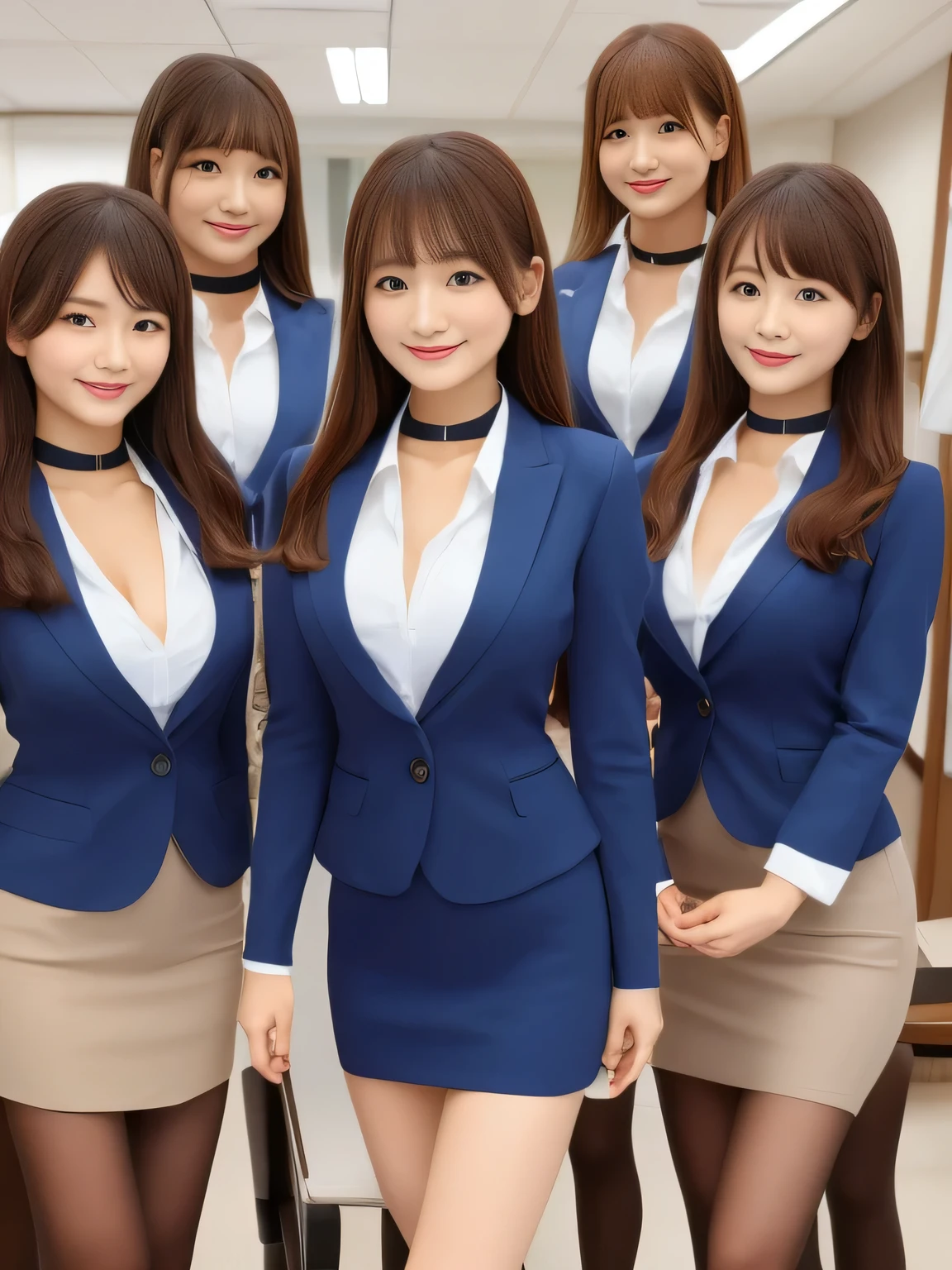 (group photo, multiple girls, Cute Japanese woman with a perfect body, 6 girls), (office ladies),  (masterpiece, high quality:1.2), big breasts, Office Suits, (smile), (office), highly detailed face, navy suit、break, ((black choker, big breasts, blue eyes)), uniform, smile、bangs, Bright white skin, grace, Transparent air, (8k RAW photo:1.1), Natural light, 6Women, japanese idol