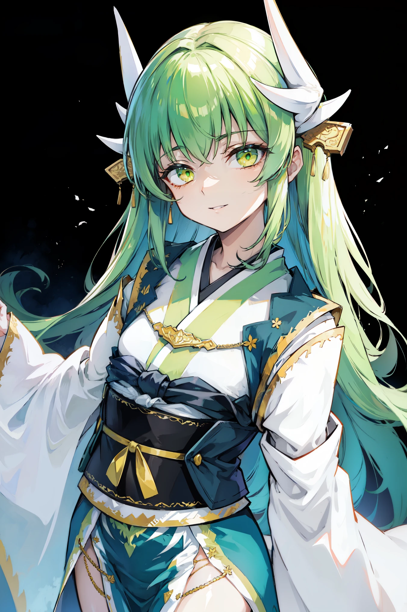 1girl, solo, ((aakiyo)), long hair, green hair, white horns, hair ornament, yellow eyes, wearing a kimono, blue_kimono, pelvic_curtain, white thighhighs, smile, evil_smile, disgusted, constricted_pupils, yandere, parted lips, mysterious, shaded face, looking at viewer, upper body, standing, (arms behind back), simple background, black background, masterpiece, best quality