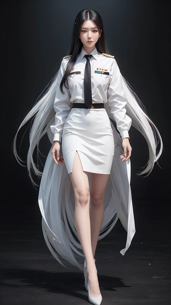 Beautiful girl with two meter long hair, long black hair, Wear a suit, (white women&#39;s suit), (white shirt), (Thai women&#39;s black necktie), (Military rank insignia), (Short white pencil skirt), tight, (dynamic post), full body, (Huge breasts, thin body, small waist, hips raised, small thighs, Long legs), A gigantic rift, black high heels, 