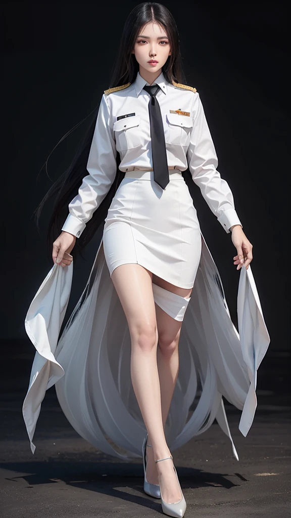 Beautiful girl with two meter long hair, long black hair, Wear a suit, (white women&#39;s suit), (white shirt), (Thai women&#39;s black necktie), (Military rank insignia), (Short white pencil skirt), tight, (dynamic post), full body, (Huge breasts, thin body, small waist, hips raised, small thighs, Long legs), A gigantic rift, black high heels, 