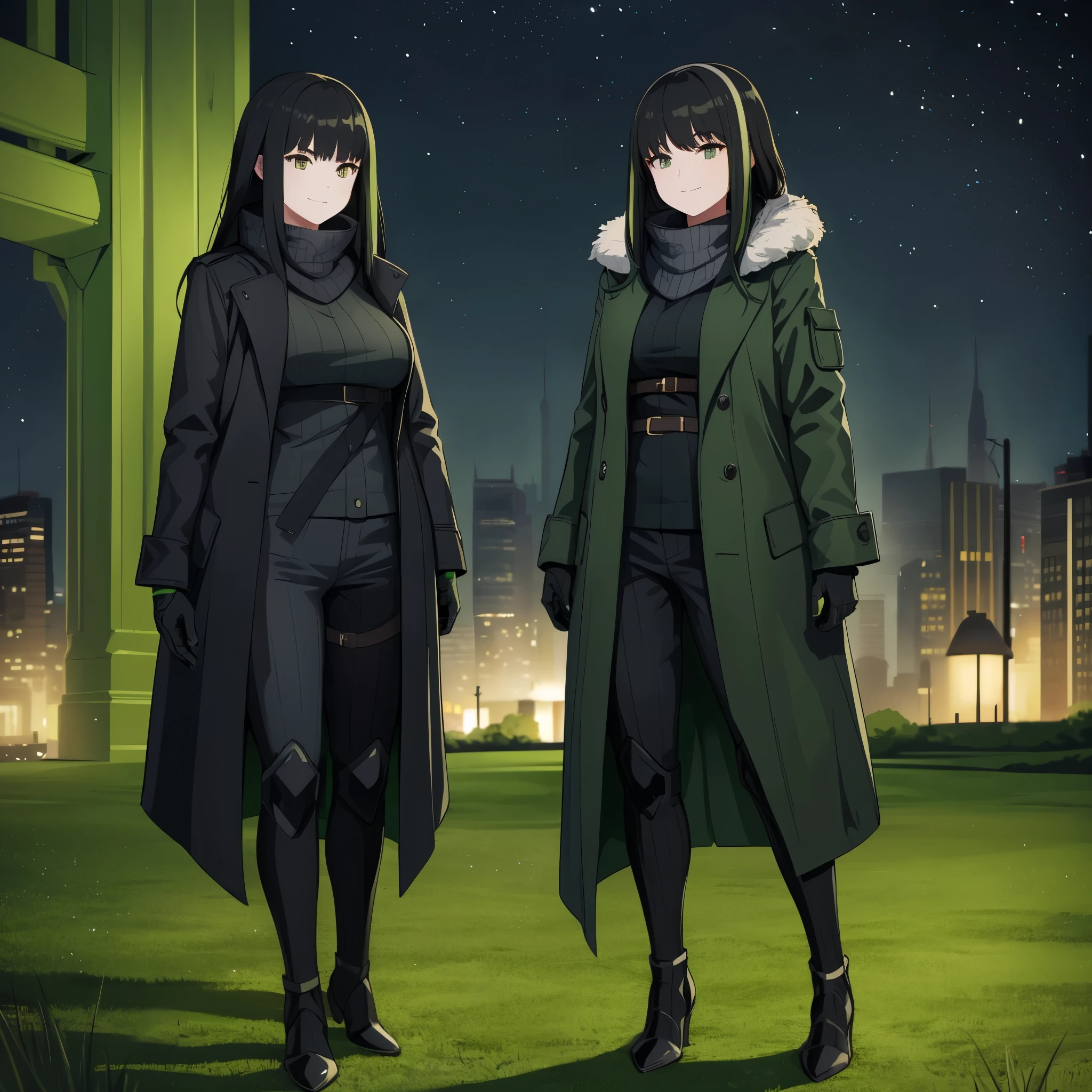 A woman wearing a black cold coat with green details, in a park at night, smiling, black hair with green bangs, full body.HDR, ultra resolution, sharp, masterpiece, 8K HD, (just a girl, solo)
