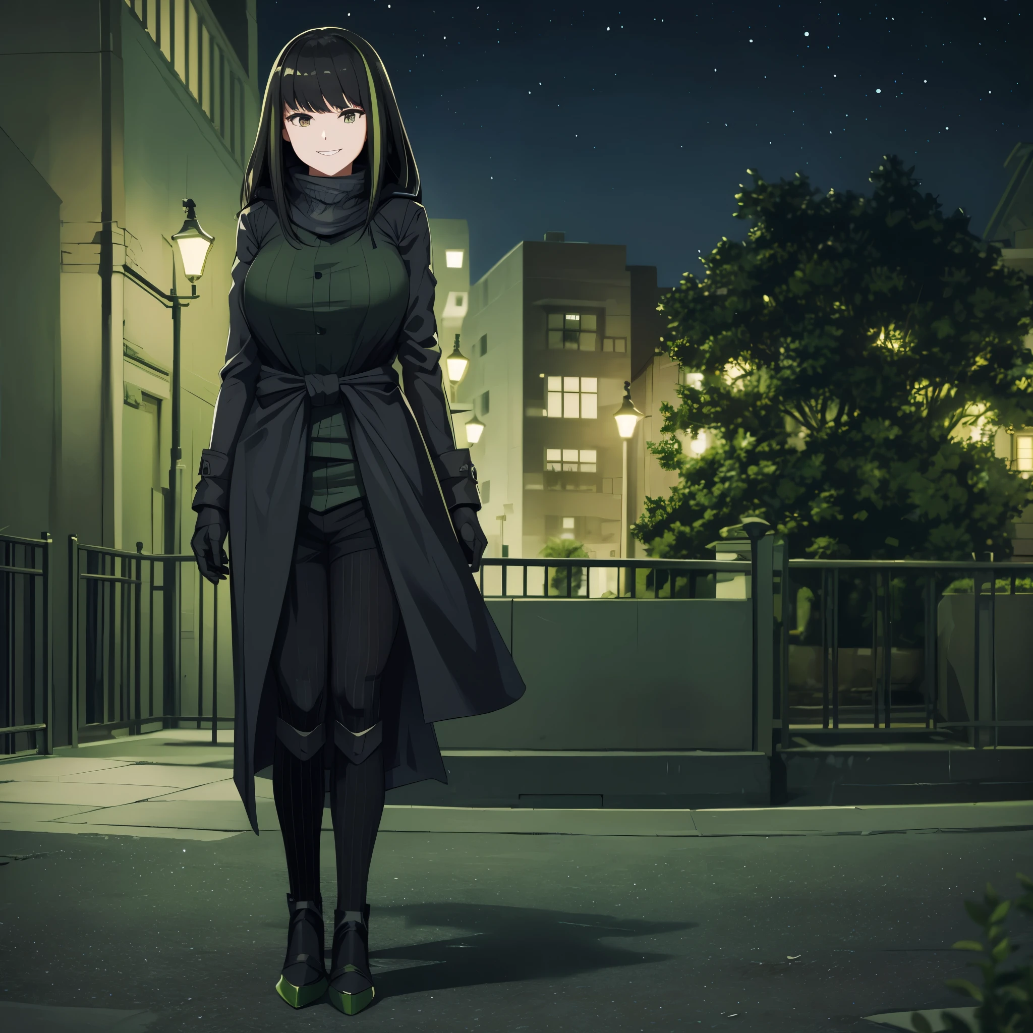 A woman wearing a black cold coat with green details, in a park at night, smiling, black hair with green bangs, full body.HDR, ultra resolution, sharp, masterpiece, 8K HD, (just a girl, solo)
