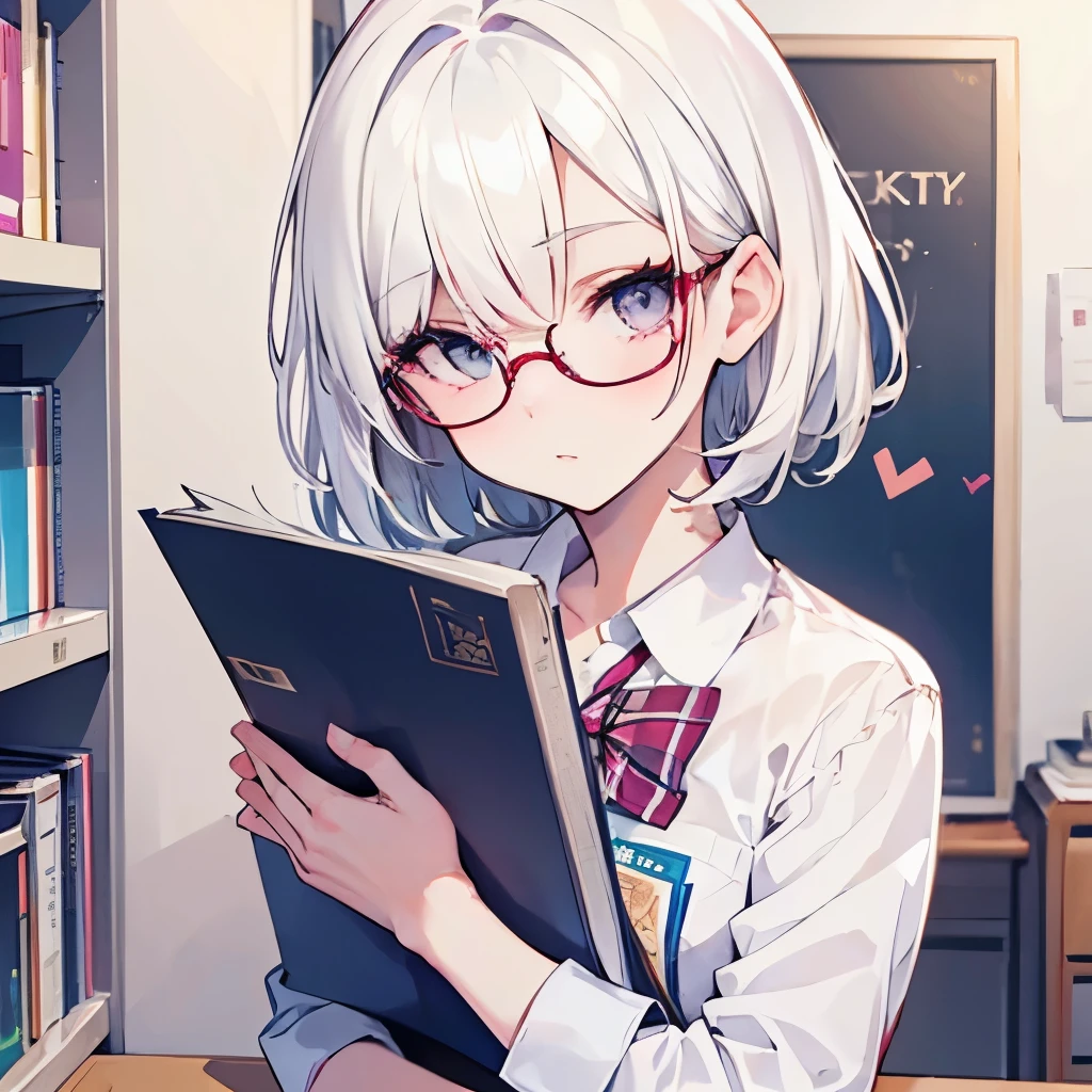 Girly girl, round glasses, white shirt, face close-up, white hair, light white eyes, pure, short hair, (hair over one eye), smart, pencil, hugging her books