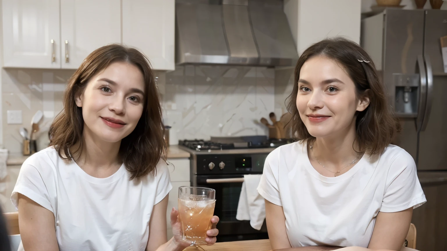 ((best quality)), ((masterpiece)), (detailed), perfect face,(Middle-aged and elderly people),(White T-shirt),(The action of drinking water),((happy expression)),In the kitchen,High-end environment,((Simple style decoration)),At the table,Plenty of light,((Healthy people)),2k,((realistic style))