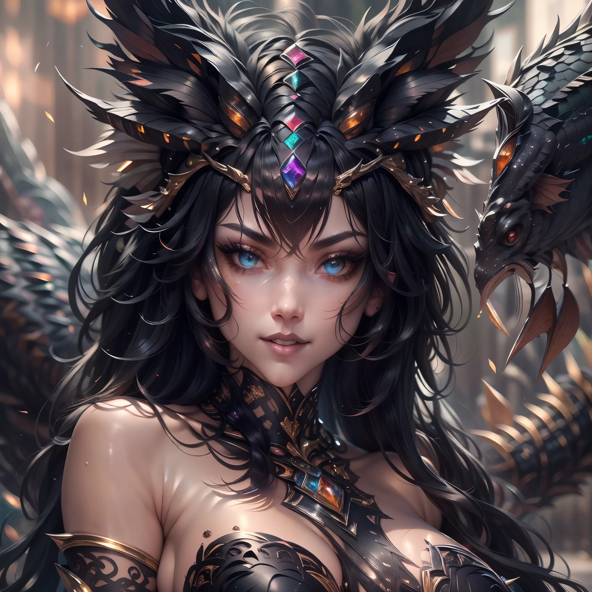 (best quality,4k,8k,highres,masterpiece:1.2, portrait), ultra-detailed, realistic, naked sexy dragon woman with glittering obsidian scales, skin is glittering obsidian black scales, long flowing black hair with amber highlights, very playful but mischievous smile, huge tits, gigantic breasts, naked, nude, detailed crotch, detailed vulva, sexy pose, spread legs, playful, bi-coloured eyes, heterochromia, lustful