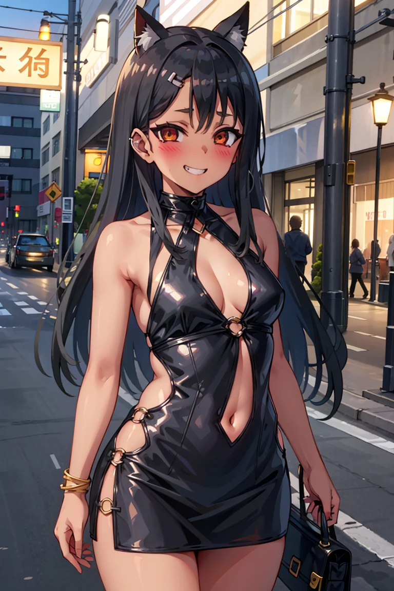 EFT_nagatoro_main, nagatoro hayase, 1 girl, blush, alone, black hair, bag, brown eyes, hair ornaments, looking at the viewer, hair clip, outdoor, grin, long hair, white shirt, 浅black skinの女性, (black skin:1.2), (浅black skinの女性:1.2), micro dress, bodycon, O-ring, mini skirt, Waist cutout, bangs, Day, clavicle, Ear Clip, bare shoulders, elbow bag, asymmetrical bangs, Upper body