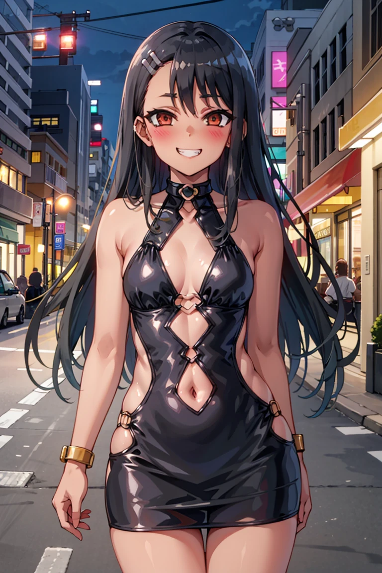 EFT_nagatoro_main, nagatoro hayase, 1 girl, blush, alone, black hair, bag, brown eyes, hair ornaments, looking at the viewer, hair clip, outdoor, grin, long hair, white shirt, 浅black skinの女性, (black skin:1.2), (浅black skinの女性:1.2), micro dress, bodycon, O-ring, mini skirt, Waist cutout, bangs, Day, clavicle, Ear Clip, bare shoulders, elbow bag, asymmetrical bangs, Upper body