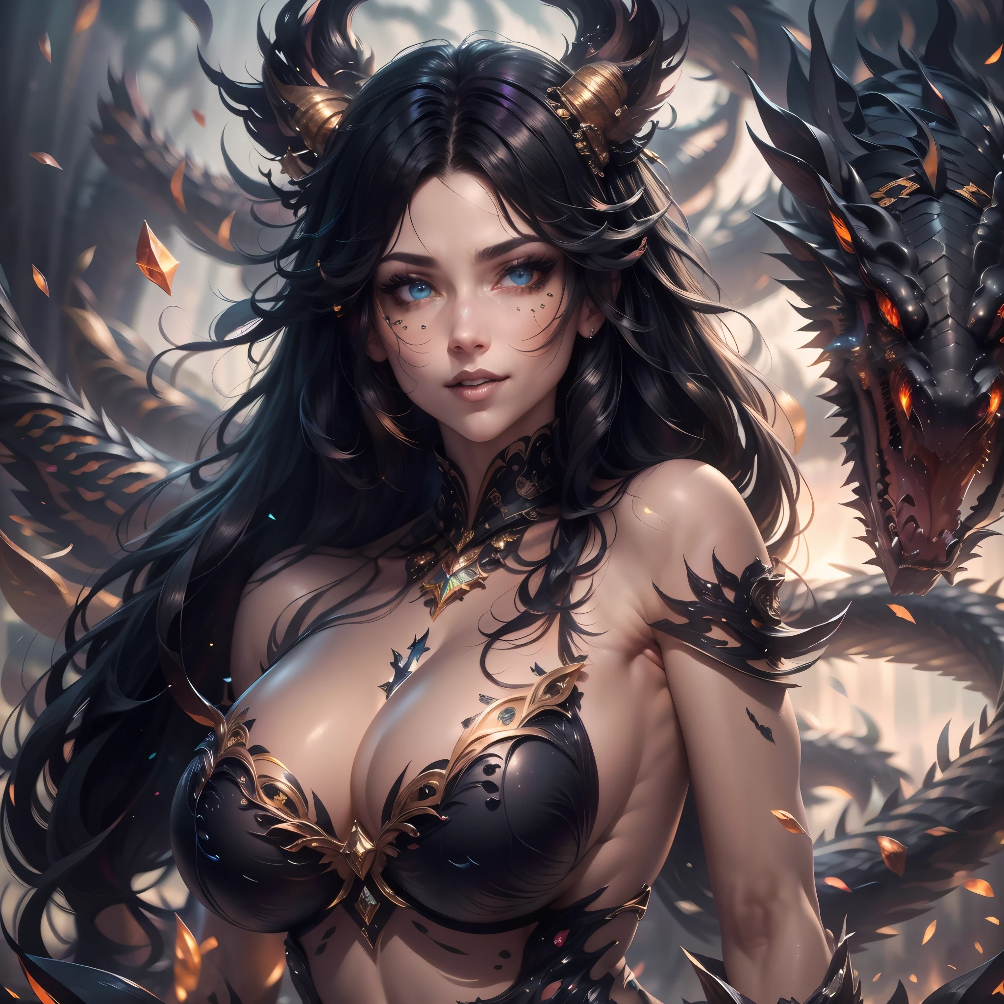 (best quality,4k,8k,highres,masterpiece:1.2, portrait), ultra-detailed, realistic, naked sexy dragon woman with glittering obsidian scales, skin is glittering obsidian black scales, long flowing black hair with amber highlights, very playful but mischievous smile, huge tits, gigantic breasts, naked, nude, detailed crotch, detailed vulva, sexy pose, spread legs, playful, bi-coloured eyes, heterochromia, lustful