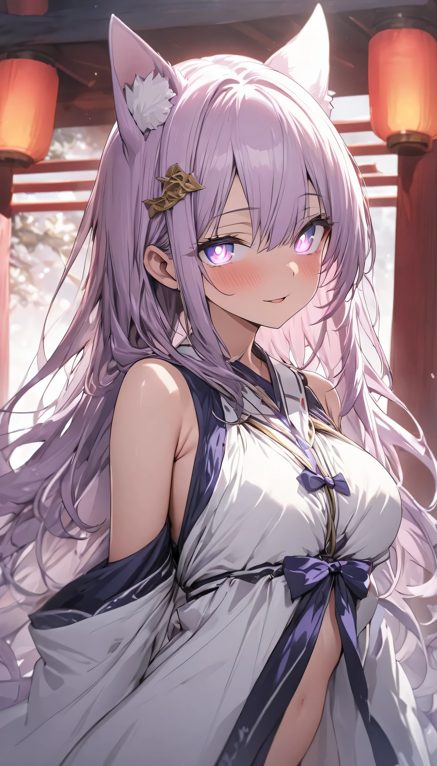 (highest quality:1.4), (highest quality、masterpiece、High resolution、detailed)､(Shining eyes、detailed beautiful face)､High resolution, masterpiece,anime, BREAK,, 1 girl,, light purple hair, purple eyes, (kemomimi), medium breasts, Bare slim thighs,, hair ornaments, (red|White shrine maiden costume), removed sleeve,, red noodles,, lanthanum, shrine,, detailed face,, beautiful anime,(Shining eyes、detailed beautiful face)､(highest quality、masterpiece、High resolution、detailed)