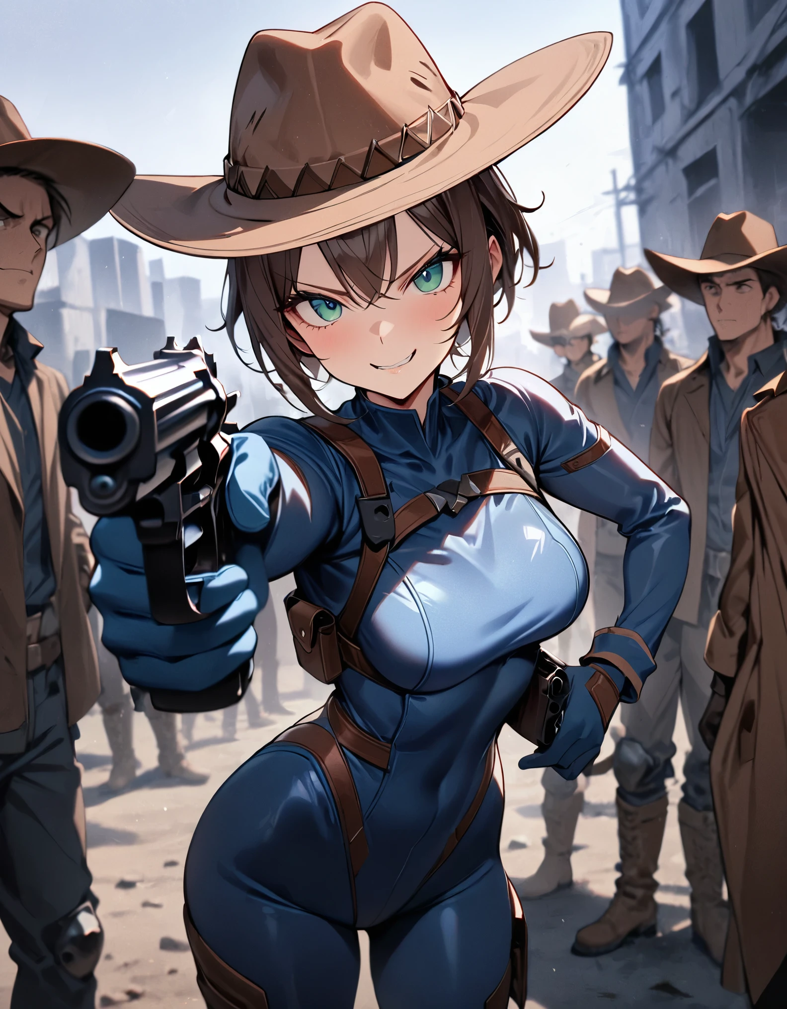 masterpiece, best quality, 1lady, solo, solo focus, (tall body), hispanic, brown hair, short hair, ponytail, blue-green eyes, medium breasts, beautiful detailed eyes, beautiful detailed face, smirk, ((brown cowboy hat)), ((bodysuit, solid blue bodysuit, leotard, dark blue leotard, dark grey leggings, long sleeves, gloves, dark blue gloves, matching gloves, boots, combat boots, dark blue boots, matching boots, drop-down pistol holster, knee pads)), ((pointing pistol at the viewer, revolver)), full body, cowboy shot, empty warehouse, danger atmosphere.