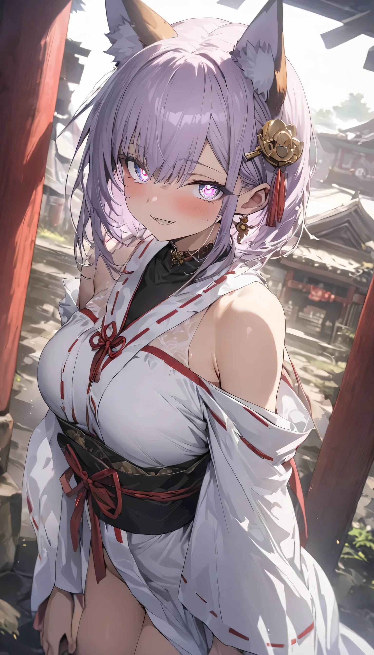 (highest quality:1.4), (highest quality、masterpiece、High resolution、detailed)、(Shining eyes、detailed beautiful face)、High resolution, masterpiece,anime, BREAK,, 1 girl,, light purple hair, purple eyes, (kemomimi), medium breasts, Bare slim thighs,, hair ornaments, (red|White shrine maiden costume), removed sleeve,, red noodles,, lanthanum, shrine,, detailed face,, beautiful anime,(Shining eyes、detailed beautiful face)、(highest quality、masterpiece、High resolution、detailed)