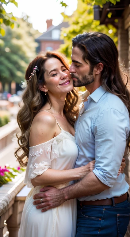 Portrait of 45-year-old woman with long wavy hair falling on her left shoulder, kissing a handsome man