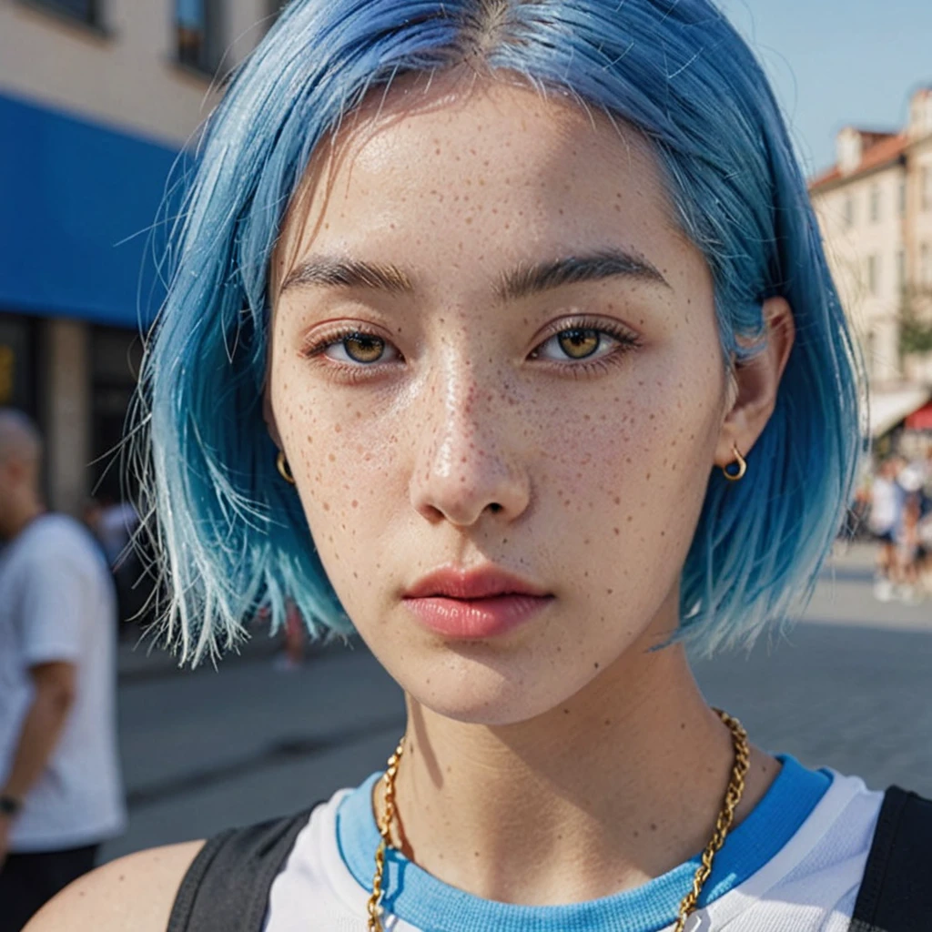 Bald head with blue hair Best anamorphic lens photography 50mm lens Close up of freckled woman。In the background, the morning sun shines on her hair.、background is blurry。Hip-hop fashion。fashionable。NIKE sneakers。The whole body is visible。tanned skin。