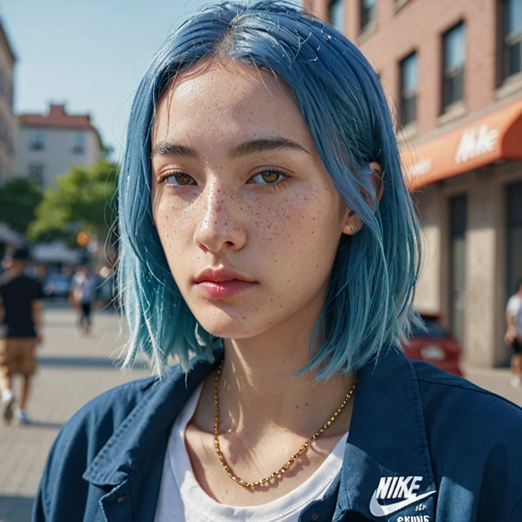 Bald head with blue hair Best anamorphic lens photography 50mm lens Close up of freckled woman。In the background, the morning sun shines on her hair.、background is blurry。Hip-hop fashion。fashionable。NIKE sneakers。The whole body is visible。tanned skin。