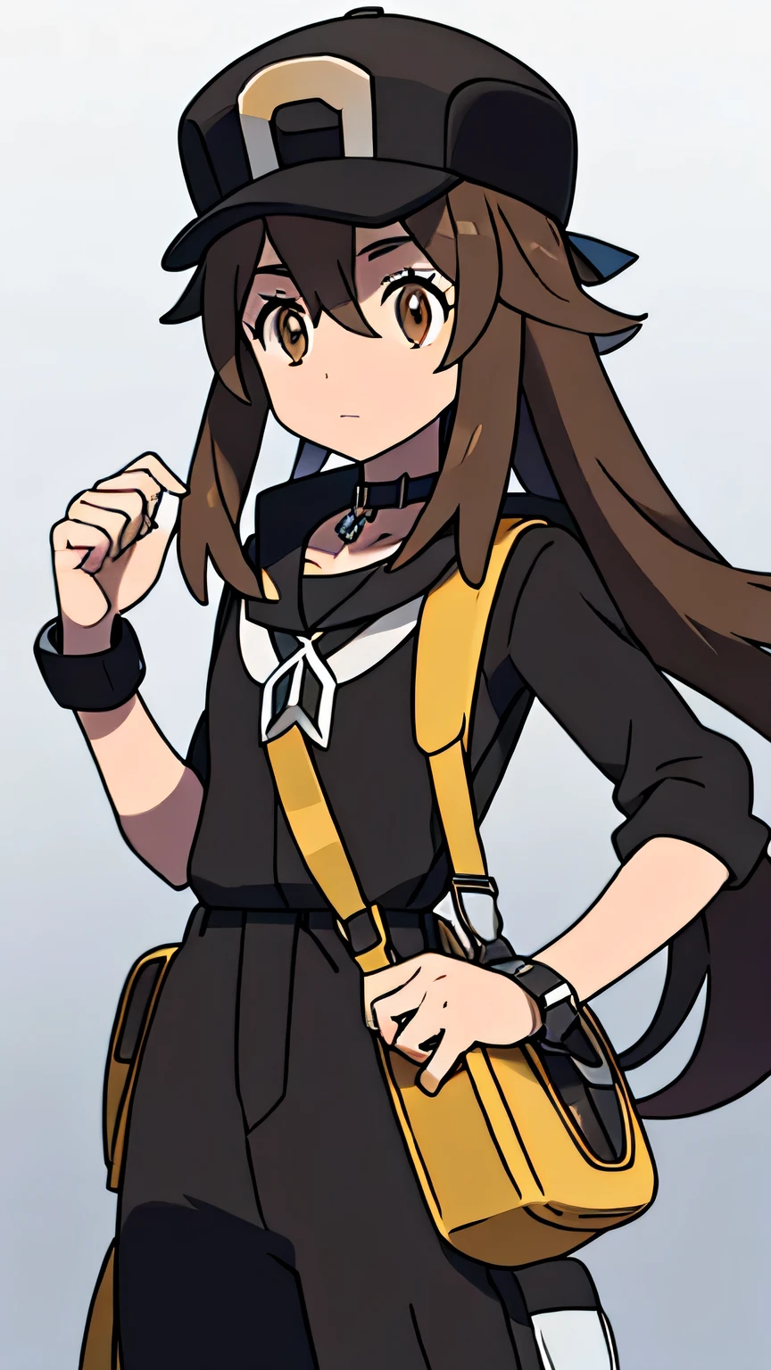 Solo, Pokemon trainer, Male, long hair, brown hair, brown eyes, black hat, black outfit, Silver Choker on Neck, (Crystal in the middle of a Silver choker), pale skin, feminine, ponytail, no glasses, full body, messenger bag, side bag, pants, Crystal in Choker