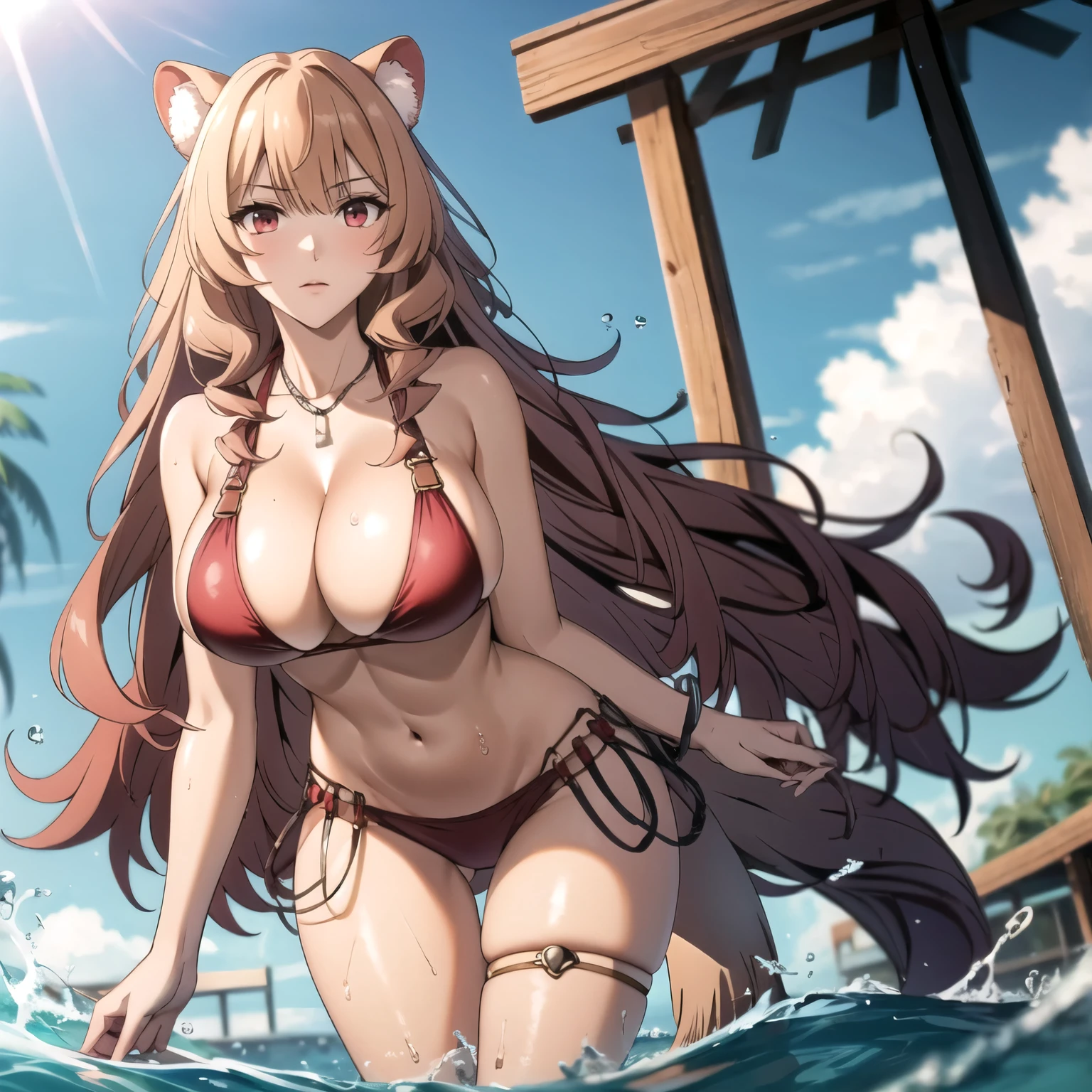 Raphtalia woman 24 years old straight golden blonde hair with red tips, orejas de oso, red eyes like rubies, piel bronceada, piel morena, piel oscura, piel oscura. pechos grandes bikini rojo, water park background, lleno de turistas,