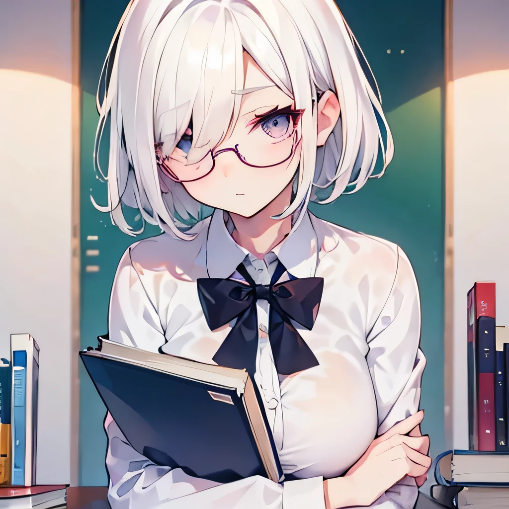 Girly girl, round glasses, white shirt, face close-up, white hair, light white eyes, pure, short hair, (hair over one eye), smart, pencil, hugging her books