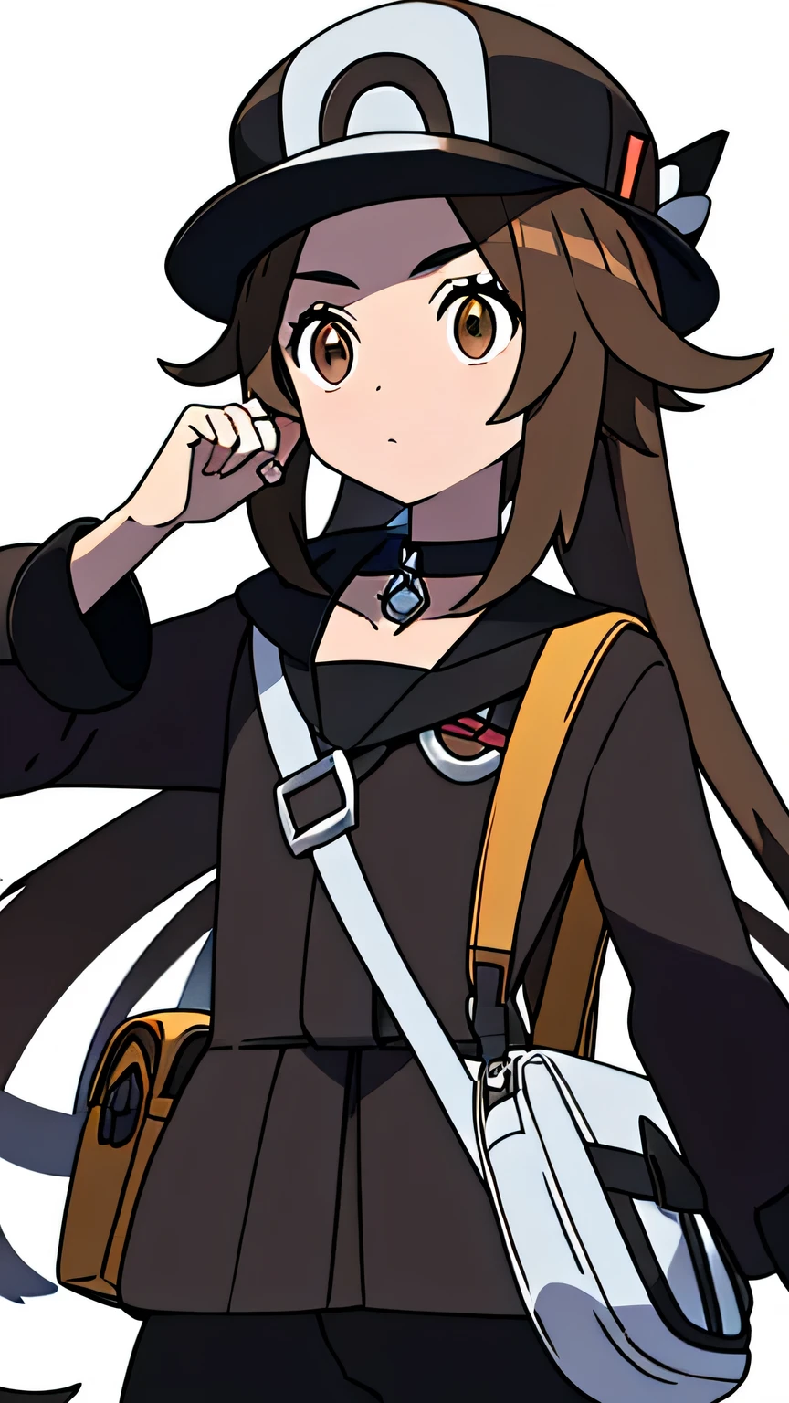 Solo, Pokemon trainer, Male, long hair, brown hair, brown eyes, black hat, black outfit, Silver Choker on Neck, (Crystal in the middle of a Silver choker), pale skin, feminine, ponytail, no glasses, full body, messenger bag, side bag, pants, Crystal in Choker