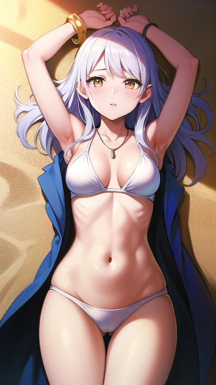 masterpiece, best quality, 1 solo girl, silver hair, yellow eyes, long hair, medium breasts, sexy body and face, wavy hair, white bikini, jewelry, bracelet, necklace, summer, beach, lying at the sand, sexy pose, cowboy shots, detailed body, face, and eyes, sharp focus, vibrant, creative, dynamic, high definition, high resolution, 8k, (Upscale: R-ESRGAN 4x+ Anime6mage enchance:4x), voluptuous body, cinema lightning, dakimakura style,