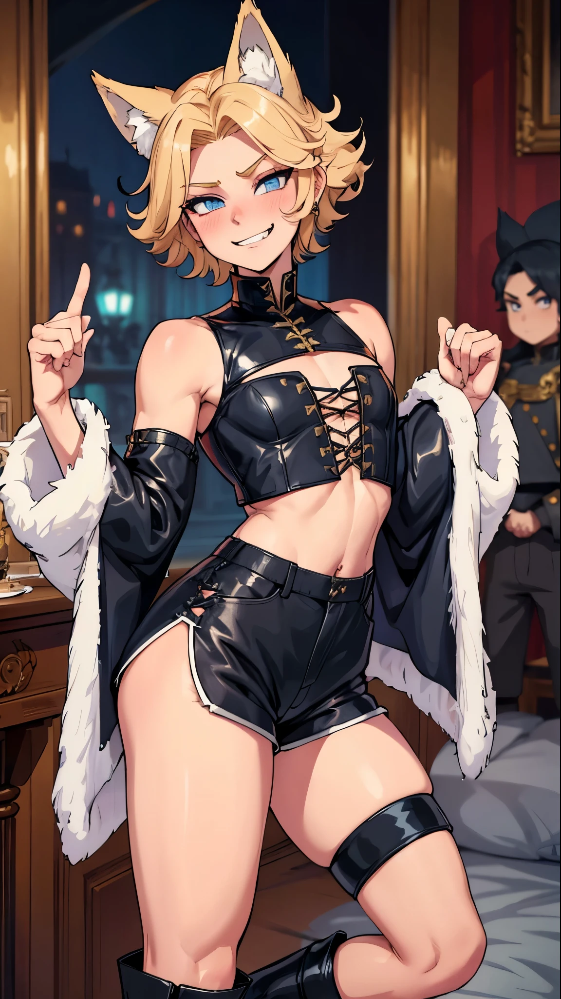 blonde hair, blue eyes, messy fluffy hair, wolf ears, aristocrat outfit, raunchy, ((male)), smiling fangs, crop top, tight shorts, tight highs, laced boots, royal, 4k, femboy, big thighs, slim waist, midriff, blushing, (((((boy))))), flat chest, black clothes
