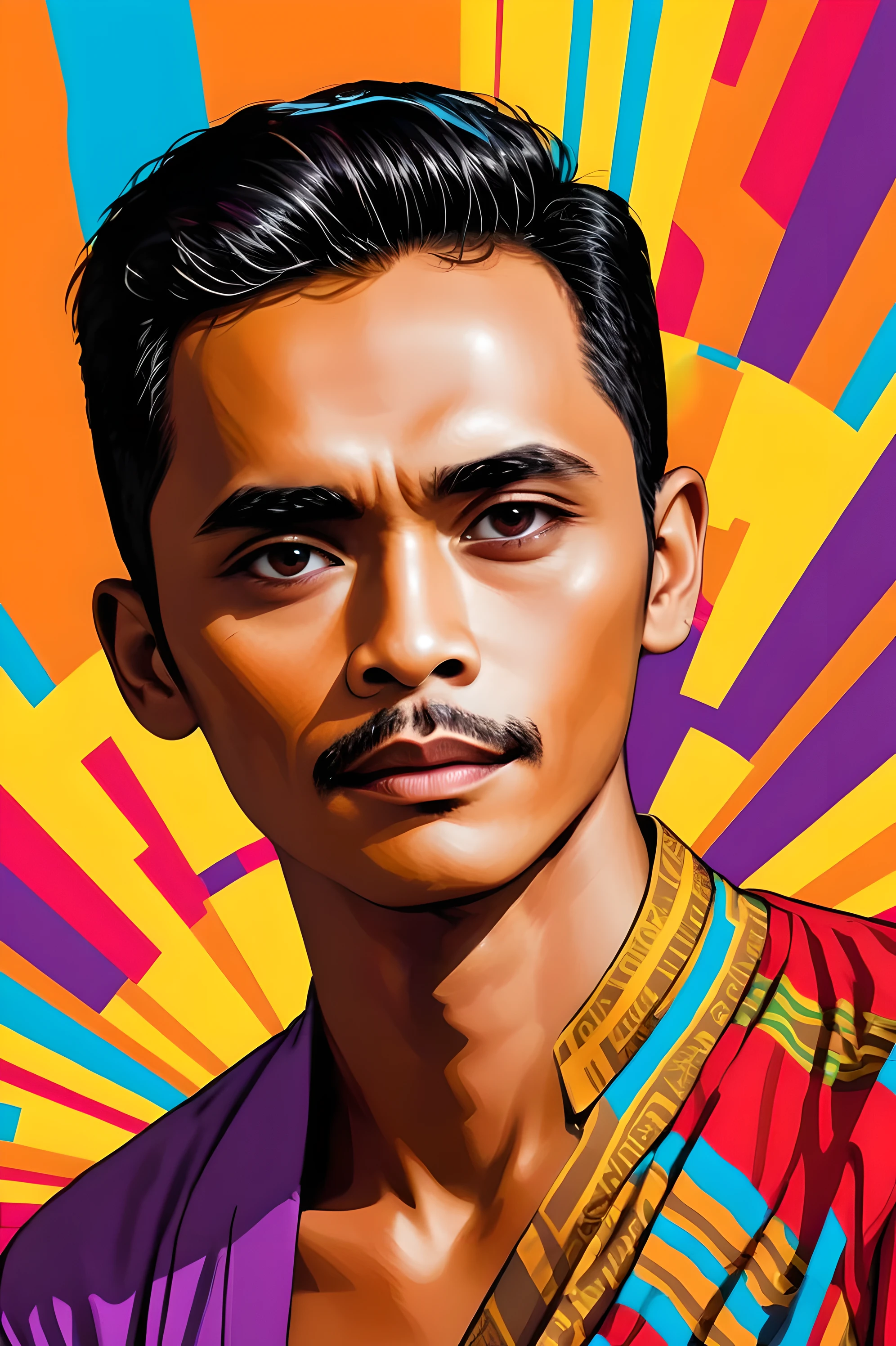 Indonesia man , digital artwork, bold lines, vibrant, saturated colors