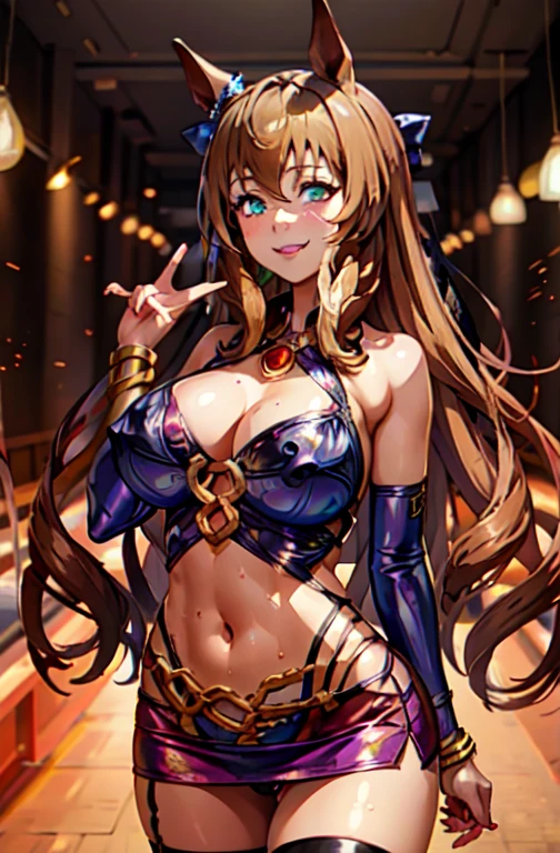 1girl, (solo), masterpiece, best quality, detailed face, face focus, (evil smile), smirk, frown, (vulgarity:1.2), steam, breath, sweat, shiny skin large areolae, puffy nipples, huge breasts, anime girl wearing a blue dress, microdress, shiny dress, elbow gloves, navel, waist cutout, underwear, microskirt, thigh highs, o-ring, necklace, bracelet, golden, jewelry, bright pupils, horse ears, horse girl, bright pupils, horse ears, horse girl, long hair, maruzensky \(umamusume\), purple eyes, ear_ribbon,