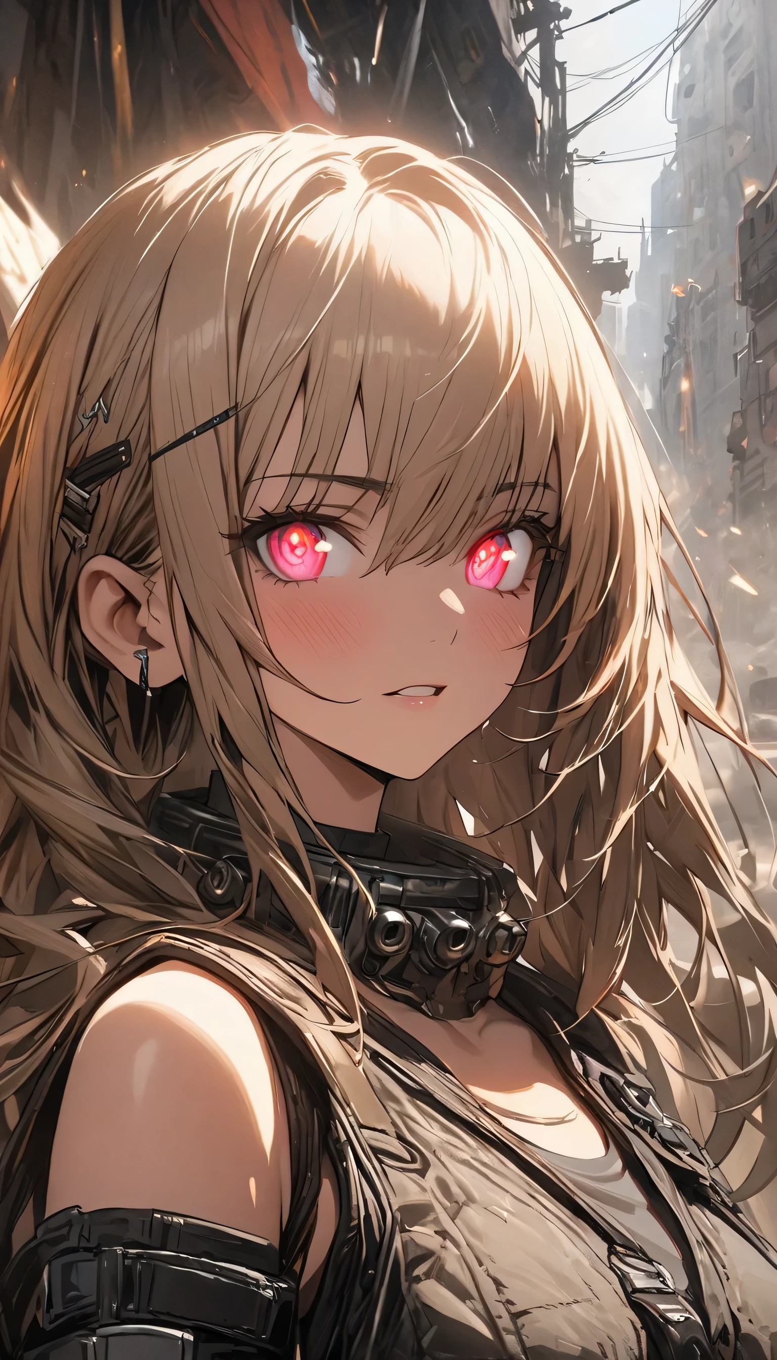 (highest quality、masterpiece、High resolution、detailed)beautiful anime、(Shining eyes、detailed beautiful face)、, BREAK,Portrait 1 Young Woman ,SF, Complex background punk, mad max , futuristic, post-apocalyptic, dark, Thin dark light, ((masterpiece, highest quality, )),