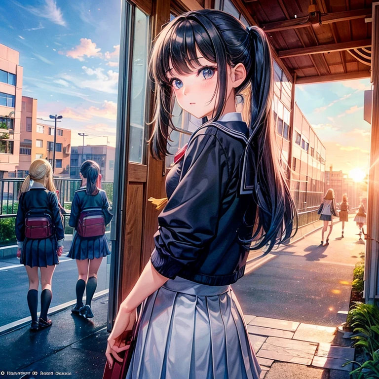 Ten girls, schollar uniform, school, ten, girls, sun, anime, beautiful, ten toguether, multiple girls, More than one, school, in school, no boys