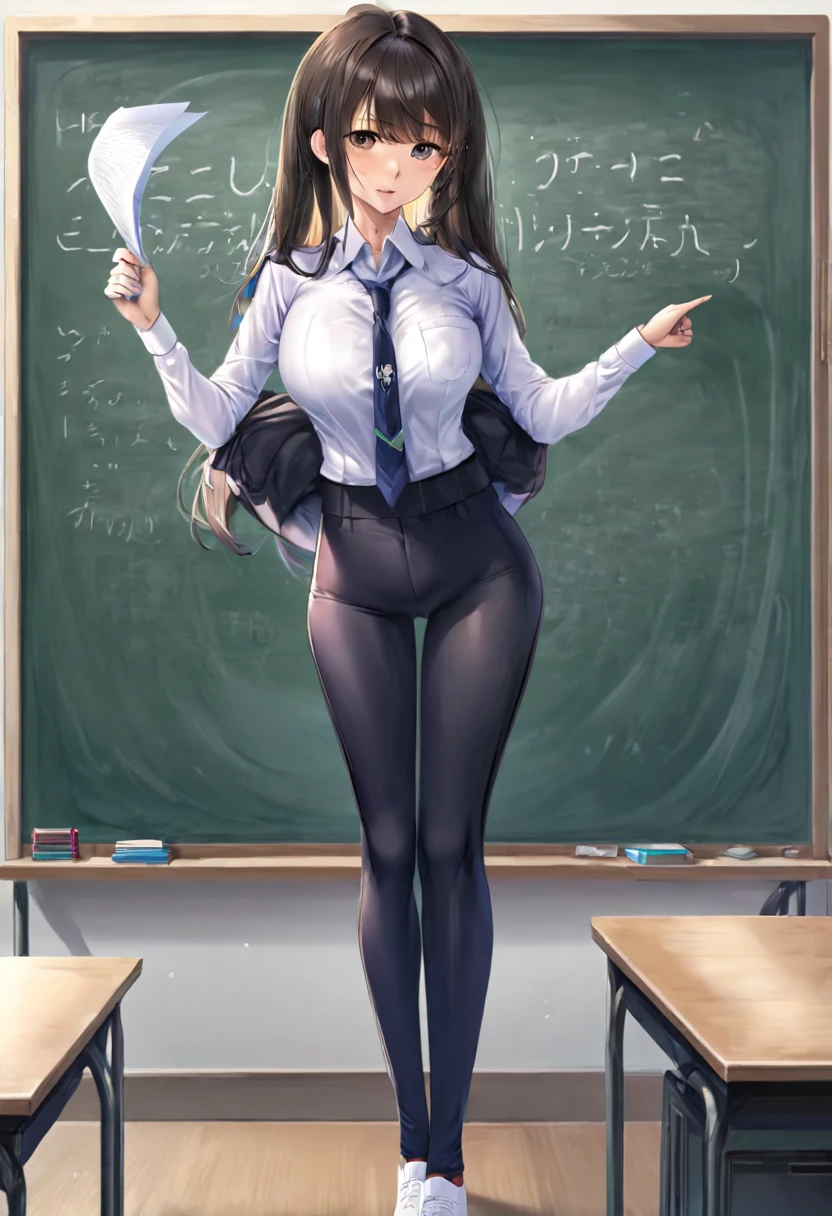 ((highest quality)), ((masterpiece)), (get used to it),25 year old female height１６０centimeter,Bust isｅcup,She is a teacher,Dress code: white shirt,Body-hugging suit pants,I am teaching in front of the blackboard in the classroom.,The posture is slightly leaning forward and pointing at me.,The expression is a little angry。 