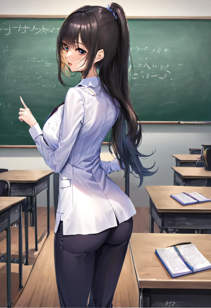 ((highest quality)), ((masterpiece)), (get used to it),25 year old female height１６０centimeter,Bust isｅcup,She is a teacher,Dress code: white shirt,Body-hugging suit pants,I am teaching in front of the blackboard in the classroom.,The posture is slightly leaning forward and pointing at me.,The expression is a little angry。 