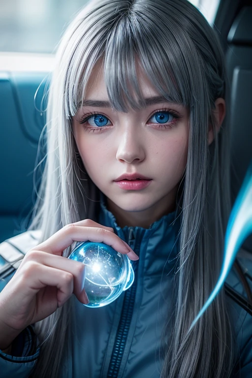 colorful、1 girl、gray hair、blue eyes、With a blue flame、shine、particles of light、icon、chromatic aberration、Inside the spaceship