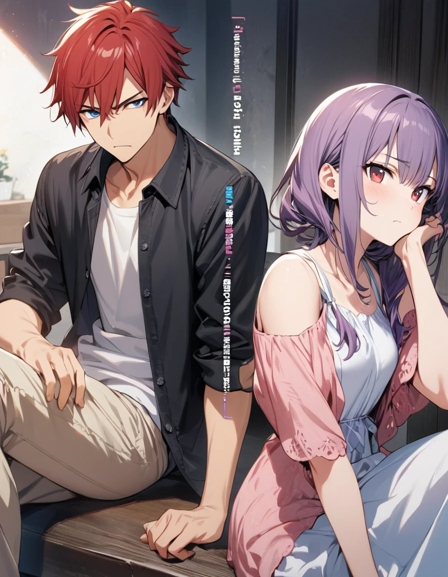 1boy(purple hair boy,blue eyes, bored face, apathetic , moderated tall, casual dress) and 1girl(red hair girl ,red eyes , good looking , casual, serious expression),2 people ,(cover page) ,light novel , ((best quality)), ((masterpiece)), (detailed), perfect face