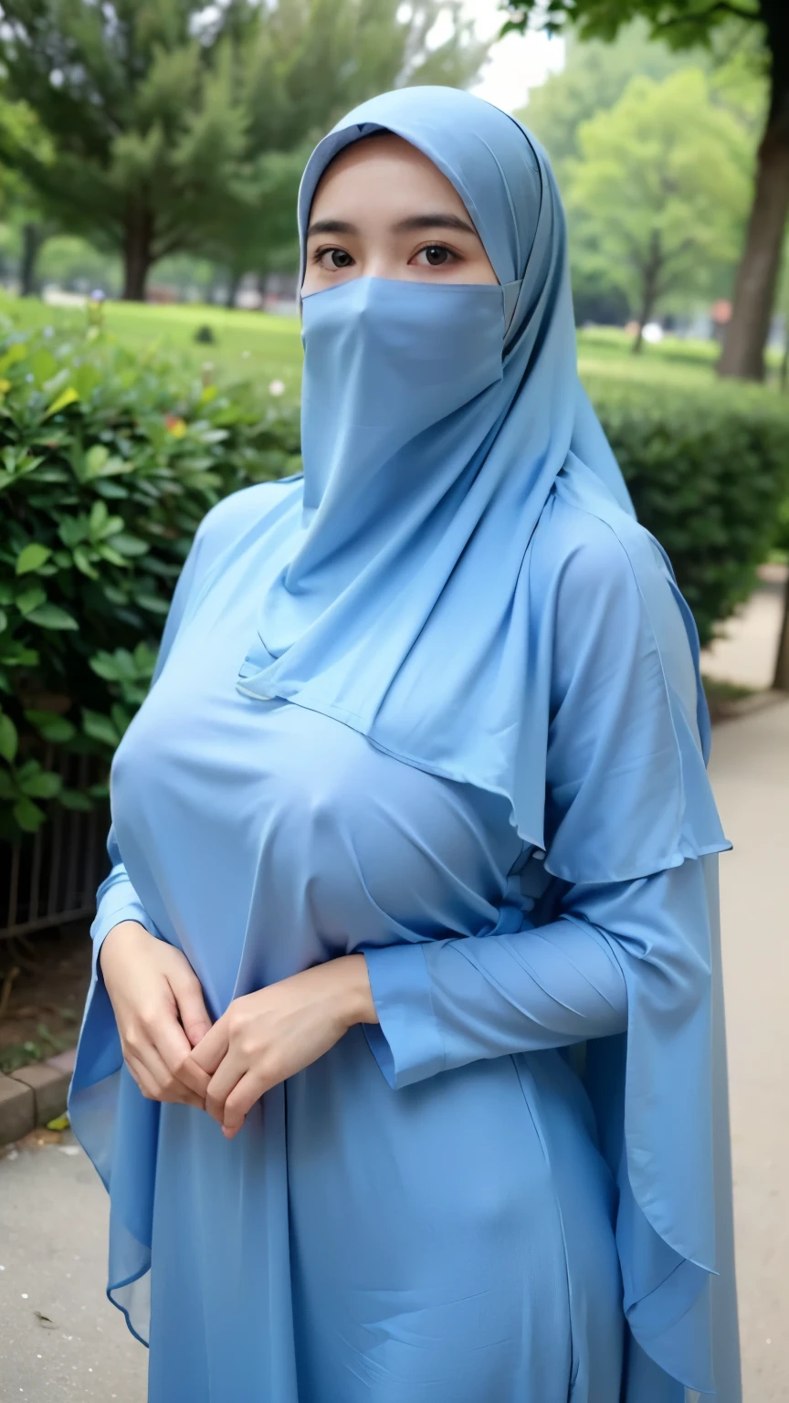 a beautiful young woman hijab, (((super big breast))), (very big breast covered), (Big breast), bare breast, perfect face, (((very huge big breast,))), ((( Big Breast))) long dress muslim, (((covering mouth, long veil))), Slim Face、20 years old, stil young, Pretty Lady, smile eyes, stand up, (big breast covered) , see full body, park