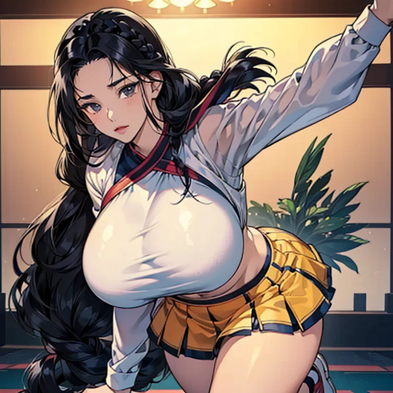 (anime moe style)),((game CG)),(masterpiece),(highest quality), (Super detailed),shape,((very delicate and beautiful)),　,sharp look,looking at the viewer,(((24 year old female)),((whole body)),detailed face and eyes,Intense eyes like jewels,(loosely braided long hair),,,(super huge breasts,long and slightly saggy breasts,）　　　　plump body　black hair, black eyes　　Cheerleading Super Mini Skirt 