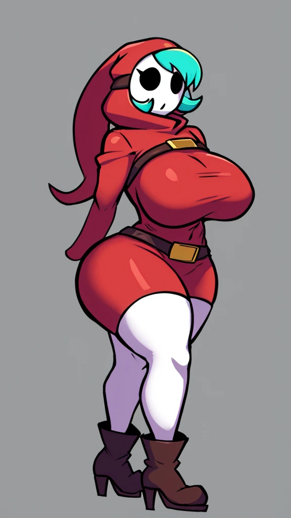 (shygal), (sexy), (((Very large tight breasts))), curvy, slim, long hair, full body, color theory, (((Concept art))), (stockings), (buckle boots), (belts), ((hood)), mask, arms, legs, body, ((solo)), (((Single color background))), masterpiece, Ultra hd, large thighs, hand sleeves, (((flashing)))