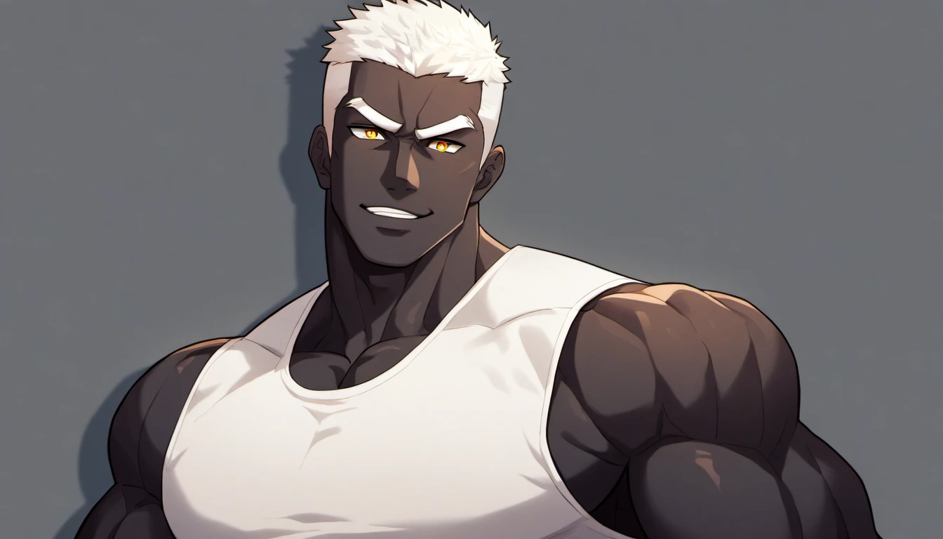 anime characters：Gyee, Fitness coach, Shining black skin, 1 muscular tough guy, Manliness, male focus, Cream White Sleeveless Tight T-Shirt, Very tight, The pectoral muscles are oversized, Slightly transparent, muscular male, muscular, only, Upper body, alone, White short hair, Thick eyebrows, stubble, Yellow eyes, Grey background, simple background, amazing quality, best aesthetics, Ridiculous, bright pupils, crew cut, parted lips, seductive smile, torogao, naughty face, drop shadow, best quality