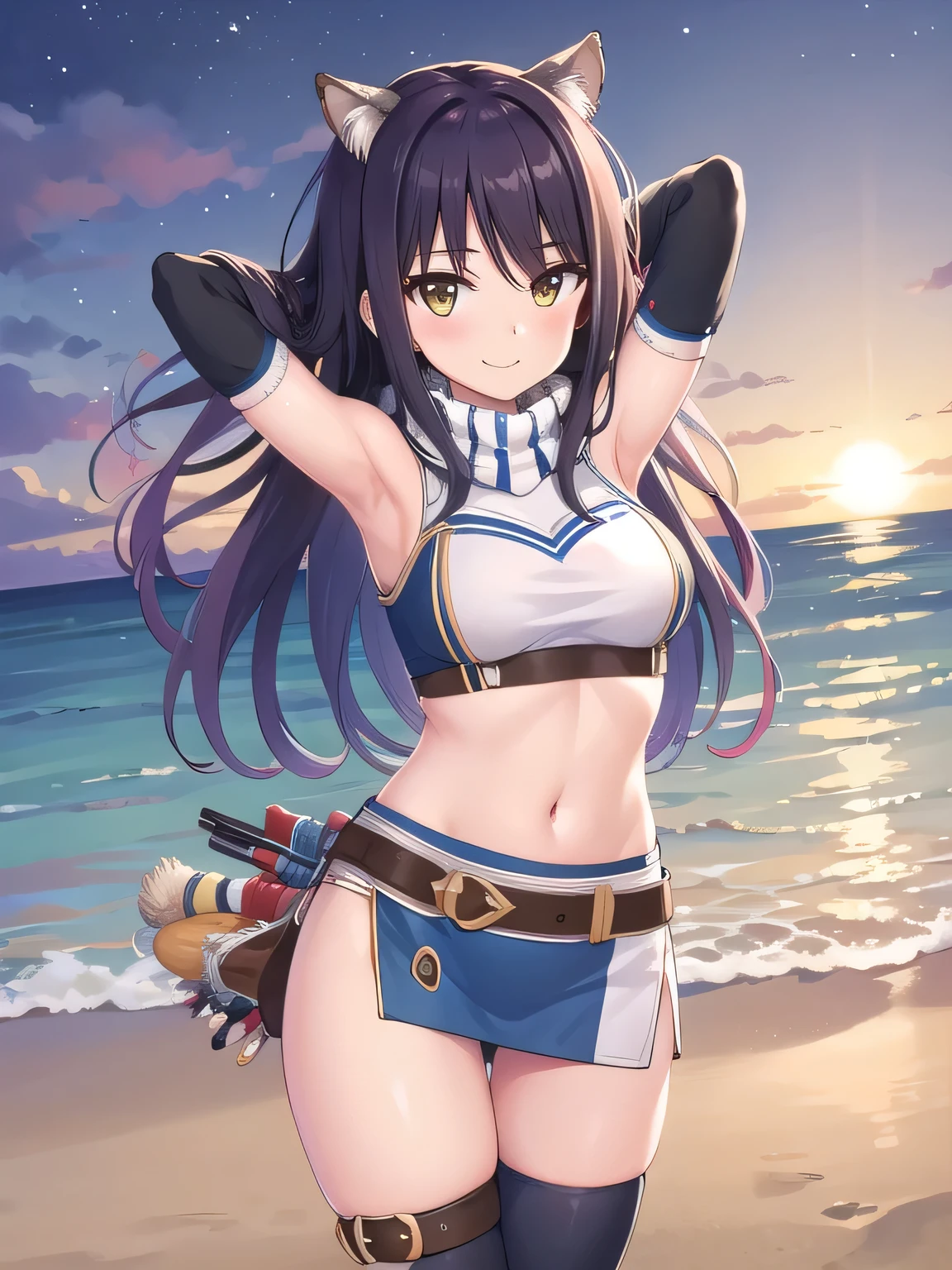 1girl, long hair, boots, thighhighs, midriff, skirt, crop top, quiver, bare shoulders, thighhighs under boots, bangs, gloves, belt, navel, breasts, vambraces, miniskirt, fingerless gloves, blush, Shiori, solo, night sky, beach, arms behind head, {contrapposto}, spread armpits, closed mouth, smile, (cowboy shot:1.5),