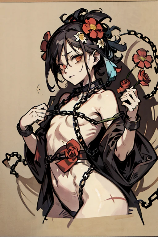((Background made up of chains and flowers))、scribble, nightmare, doll-like face, cartoon style, rough sketch, Horror elements, (masterpiece), (High resolution), (super delicate), (clear), Manga style illustration, (drawing style), Japanese painting, The whole body is scary, (Spooky), Japan sculpture,crazy illustration, flat illustration, Spookyな外観, Characteristic hairstyle, Unique atmosphere、Small eyes、(flat chest), ((muddy hair)),Chains wrapped around the body、(A sewn-together body))、spread both hands,Skin full of stitches,restrained by thick chains、Colorful clown costumes、knifeを持っている、knife