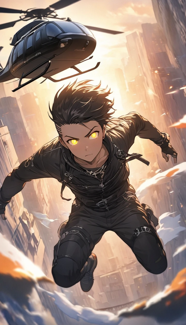 (highest quality、masterpiece、High resolution、detailed)beautiful anime、(Shining eyes、detailed美しい顔)、, BREAK,Portrait ung Man ,SF, Complex background punk, (Handsome guy) , futuristic,(Jumping out of a helicopter in the sky) , dynamic action, A cool scene, dynamic angle、anime style、((masterpiece, highest quality, )),
