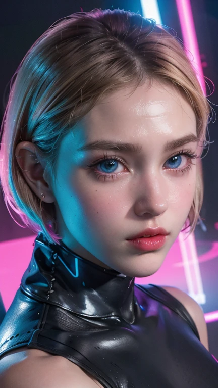1 girl, pink neon ,robot, female cyborg , cyber punk, club,dim lighting, neon signs,fc portrait, neon,cyber punk, futuristic ,British girl with short, straight blonde hair, bang, bob cut, blue eyes, 15 years, young, pale skin, slender body, small breasts, small breasts, ultra high resolution, UHD, (realistic:1.4), doll-like face, futuristic鎧, Plasma Sword
