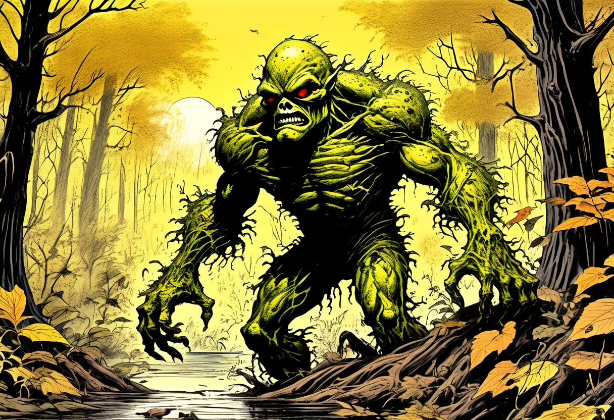 (wordless, single image), Golden Swamp Thing, overgrown rewilding with golden leaves, showcase Swamp Thing golden leaf design, dancing a vile stanky boogie dance, hyper maximal, strange absurd, silly hilarity, visually hilarious, cohesive, intense meme that conveys overwhelming joy, hand drawn ink, perfect mastercraft nuance, highly detailed complex illustration, american animation art style, cel shading, Bernie Wrightson aesthetics and coloring, rich color grading, ambrosia, retrowave, (style reference Bernie Wrightson blend with Joelle Jones) expressive ink lines, bold harsh strokes,